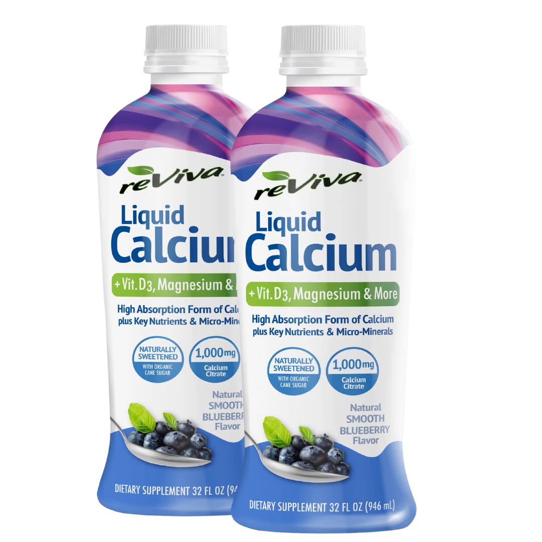 Pack de 2 bouteilles de Liquid ReViva Calcium 32oz avec étiquette visible.