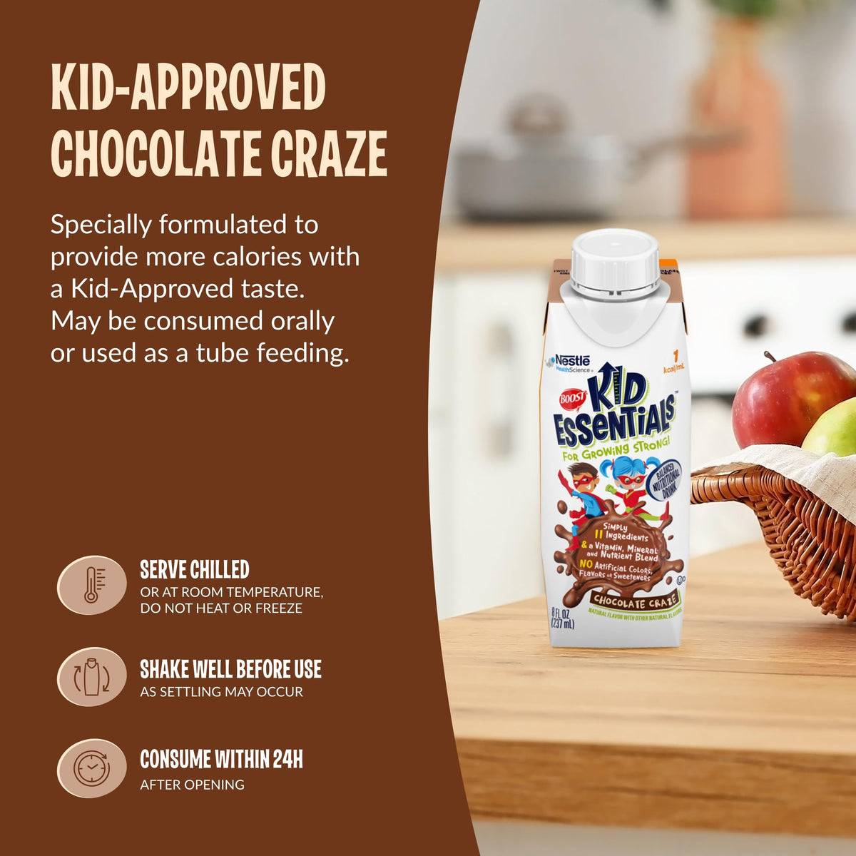 Pack de 24 boissons support Kid Essentials au chocolat sur une table