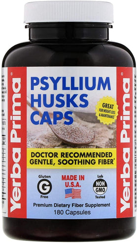 Pack de 4 bouteilles de psyllium Yerba Prima sur une table