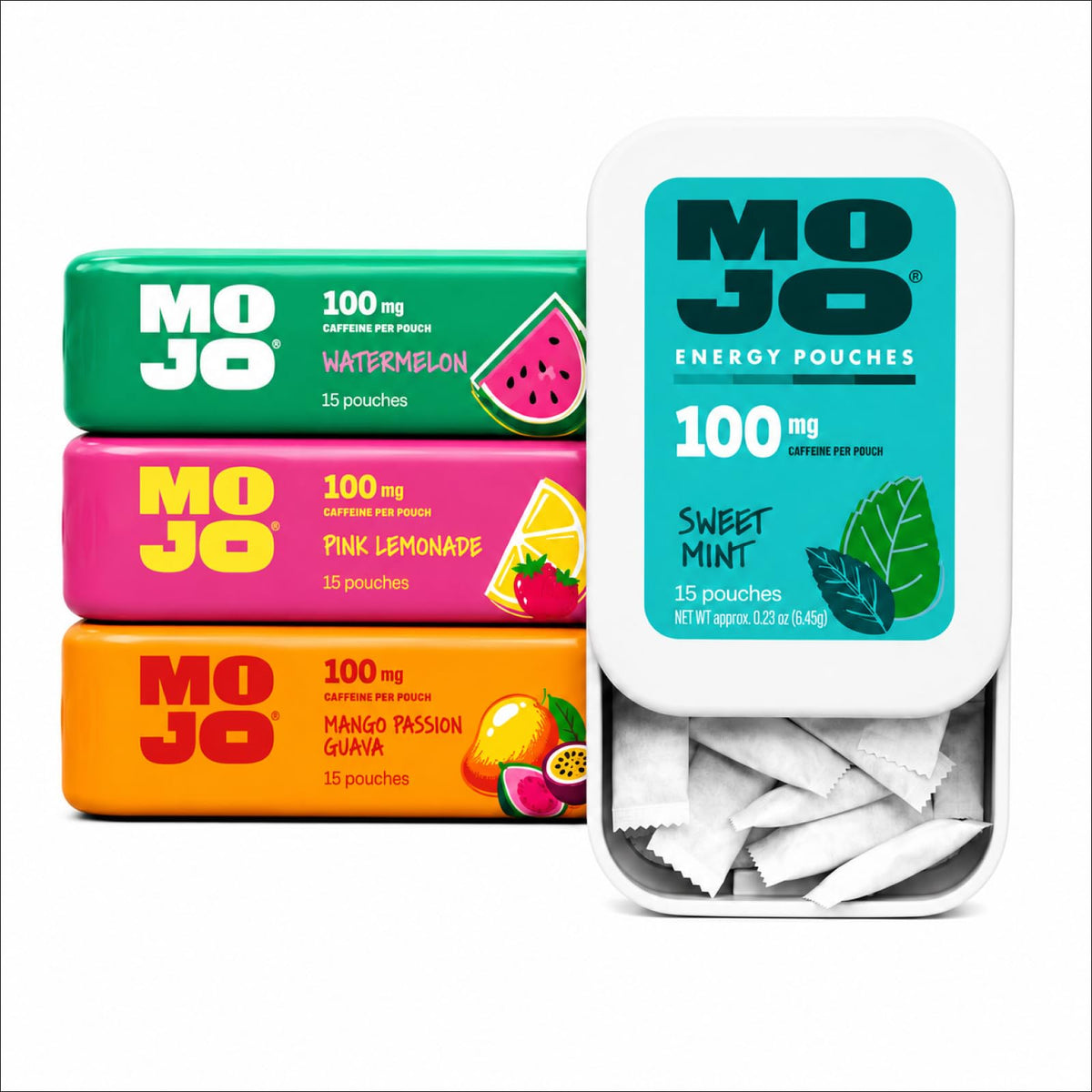 Pack de 4 poches de caféine MOJO avec saveurs variées