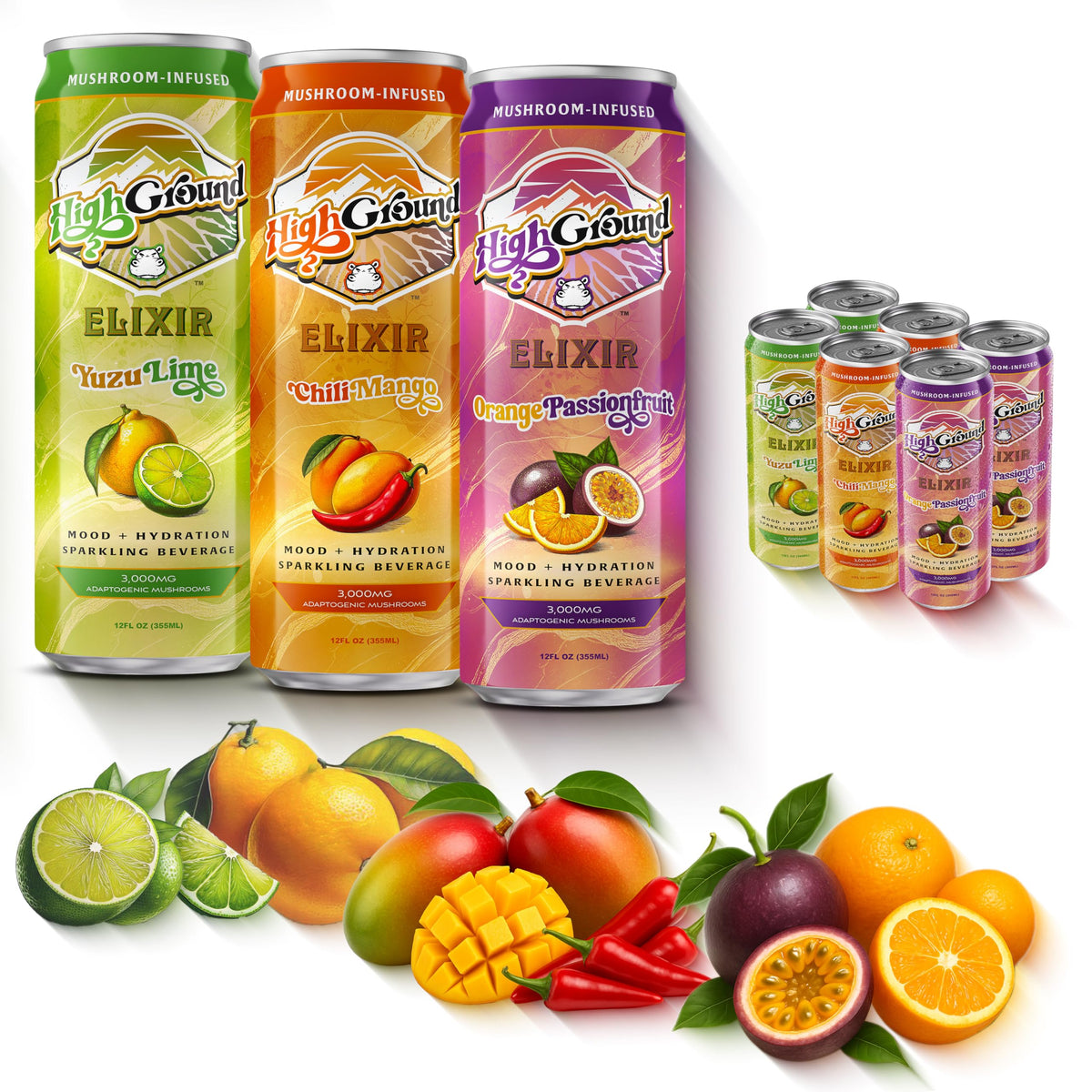 Pack de 6 canettes de High Ground Elixir Seltzer Champignon avec saveurs variées