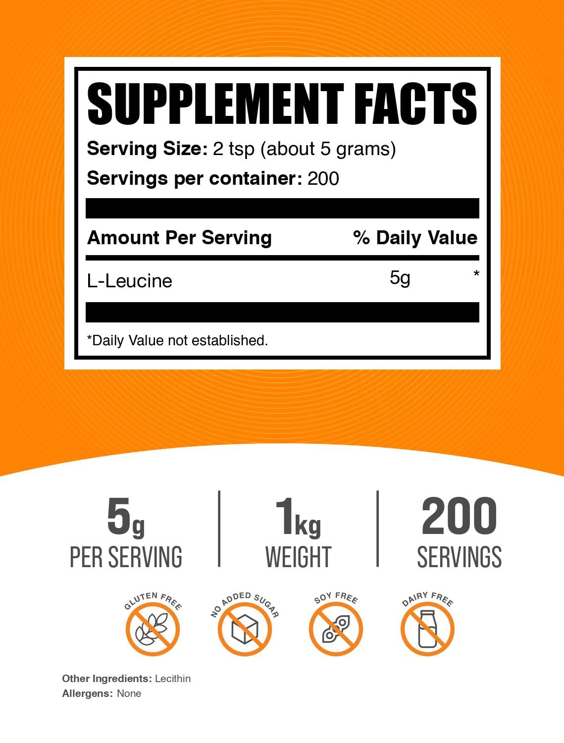 Pack de BulkSupplements L-Leucine avec étiquette nutritionnelle