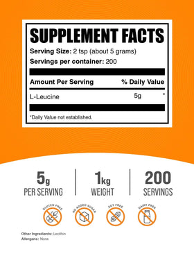 Pack de BulkSupplements L-Leucine avec étiquette nutritionnelle
