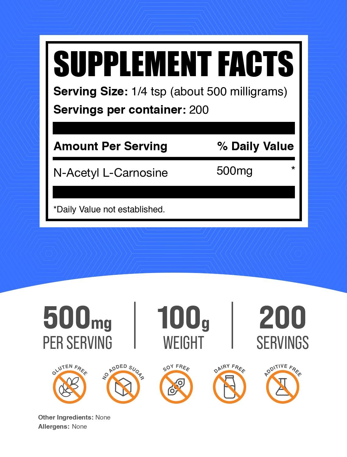 Pack de BulkSupplements N-Acetyl L-Carnosine 100g sur fond blanc