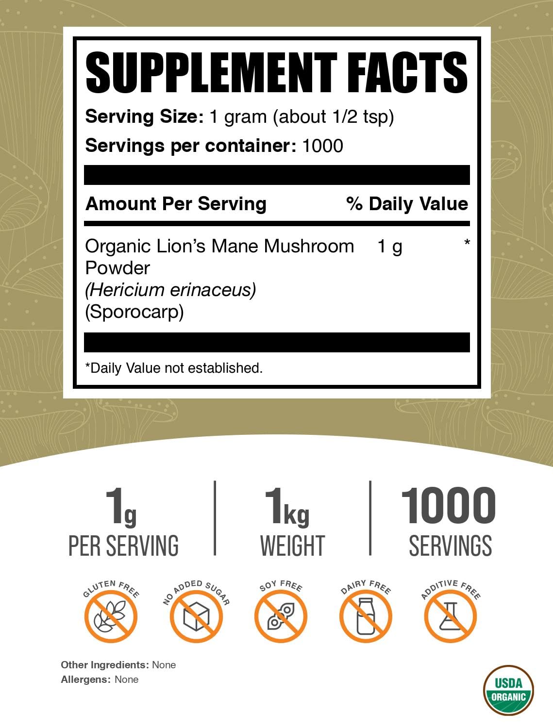 Pack de BulkSupplements Poudre de Champignon Lion's Mane Bio ouvert