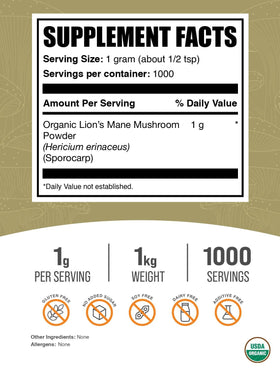 Pack de BulkSupplements Poudre de Champignon Lion's Mane Bio ouvert