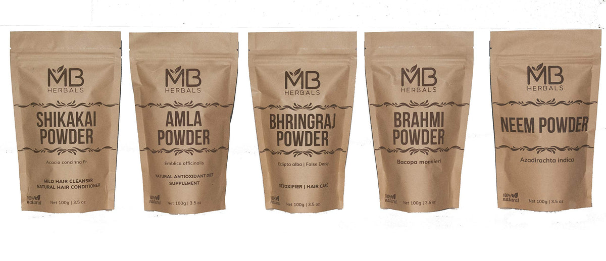 Pack de poudres capillaires MB Herbals comprenant Shikakai, Neem, Brahmi, Amla et Bhringaraj