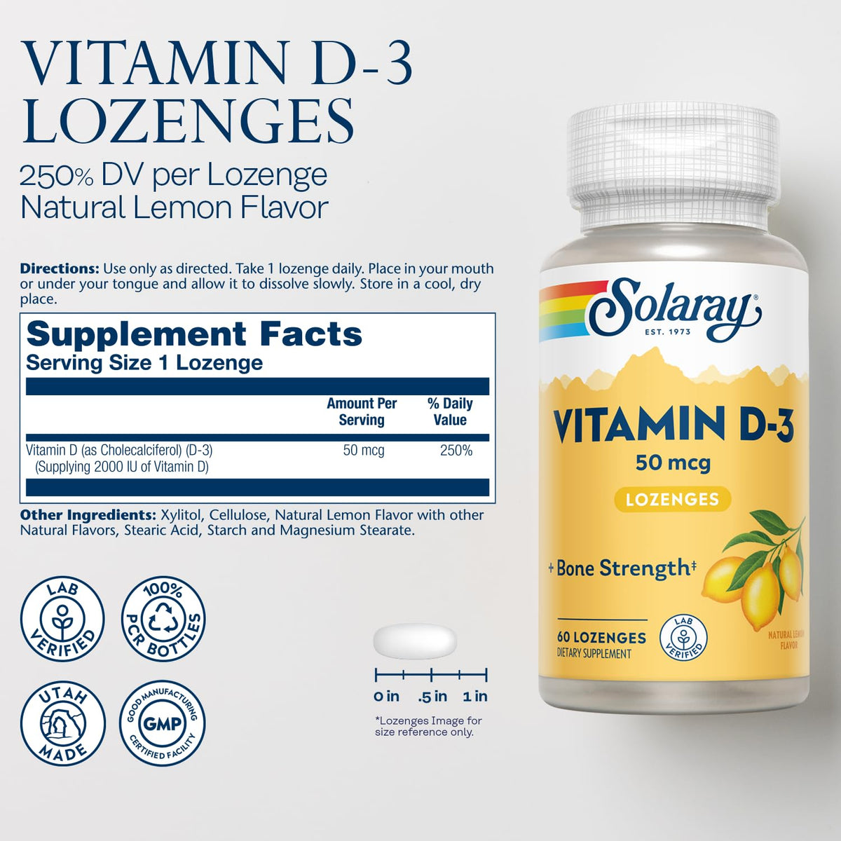 Pack de SOLARAY Vitamine D3 60 pastilles avec étiquette