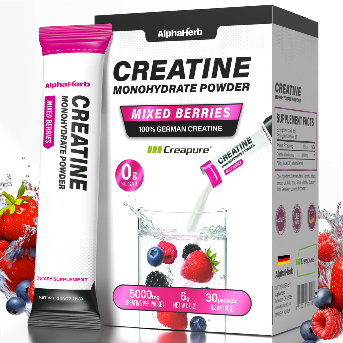 Pack de stick de créatine monohydrate AlphaHerb 5g Baies Mélangées