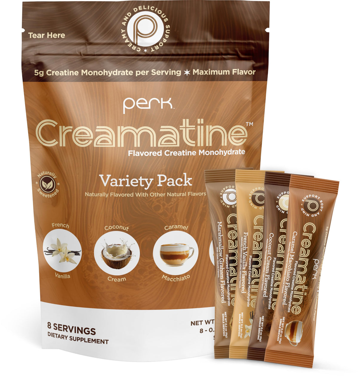 Pack variété Perk Creamatine avec 8 stick packs de créatine monohydrate