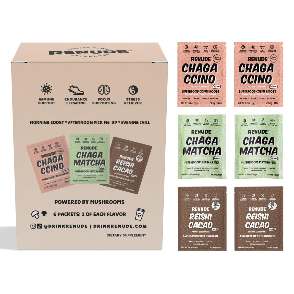 Pack variété Renude avec sachets de Chagaccino, Chaga Matcha et Reishi Cacao