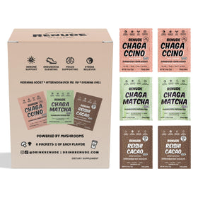 Pack variété Renude avec sachets de Chagaccino, Chaga Matcha et Reishi Cacao