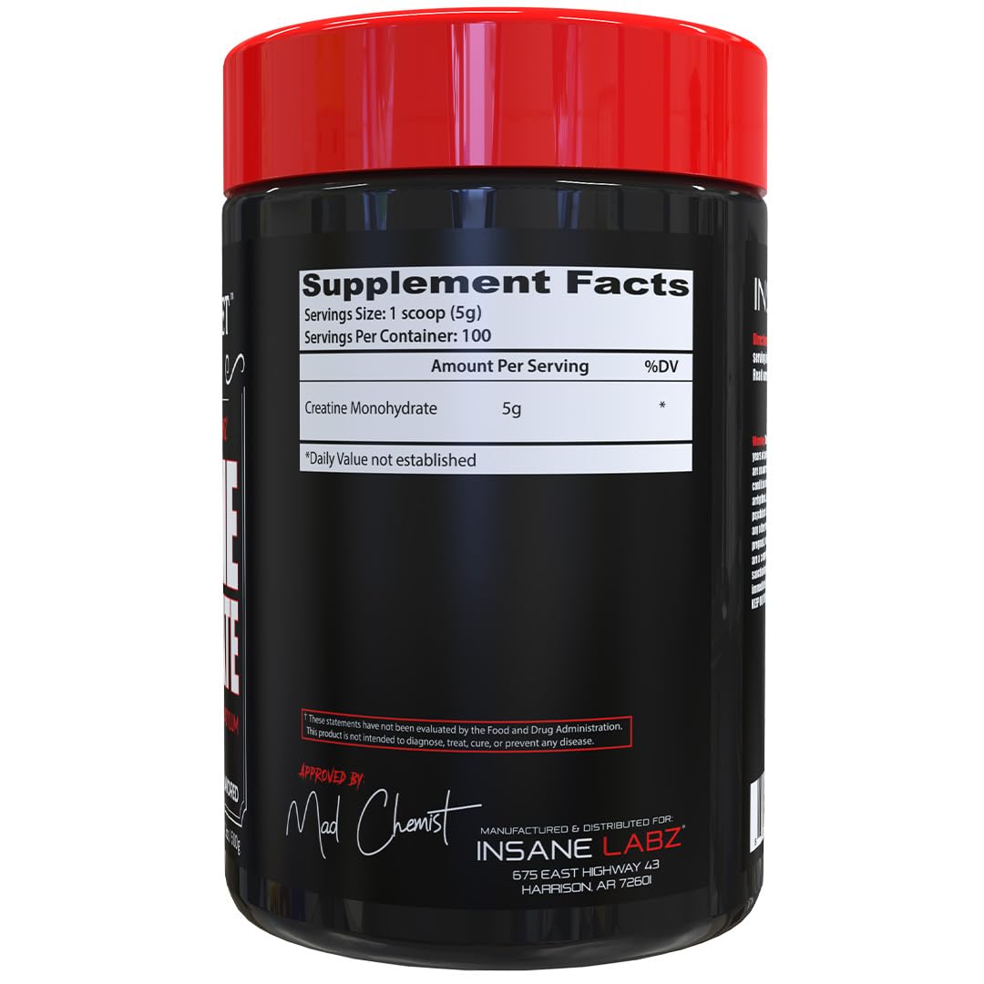 Packaging de créatine monohydrate Insane Labz 612g sur fond blanc