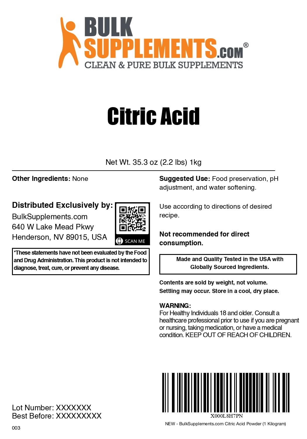 Packaging de l'Acide Citrique BulkSupplements 1kg