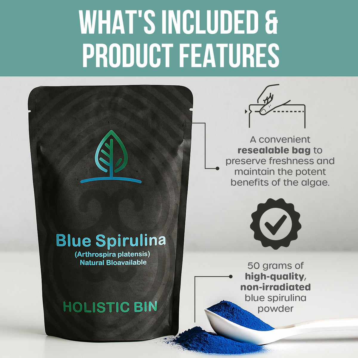 Packaging de la poudre de spiruline bleue Holistic Bin