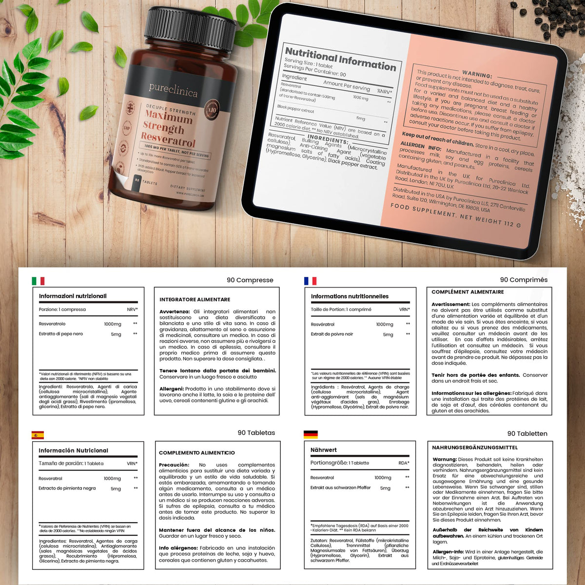 Packaging de pureclinica Resvératrol 1000mg, 180 comprimés