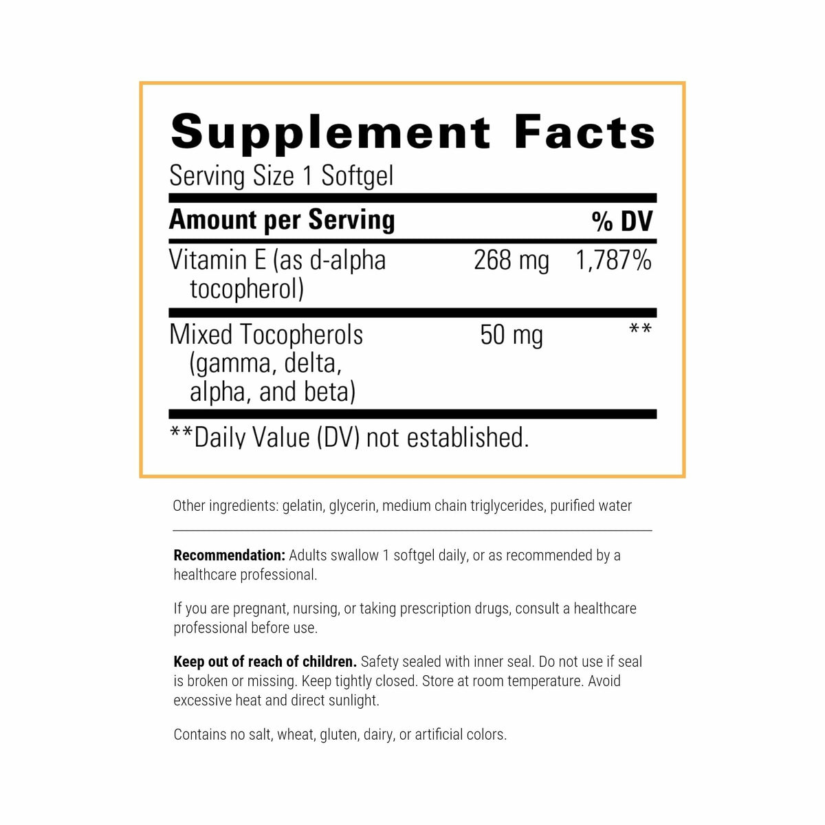 Packaging de Vitamine E Integrative Therapeutics, détails des ingrédients