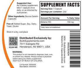 Packaging des Capsules de Betaïne HCl 750mg BulkSupplements