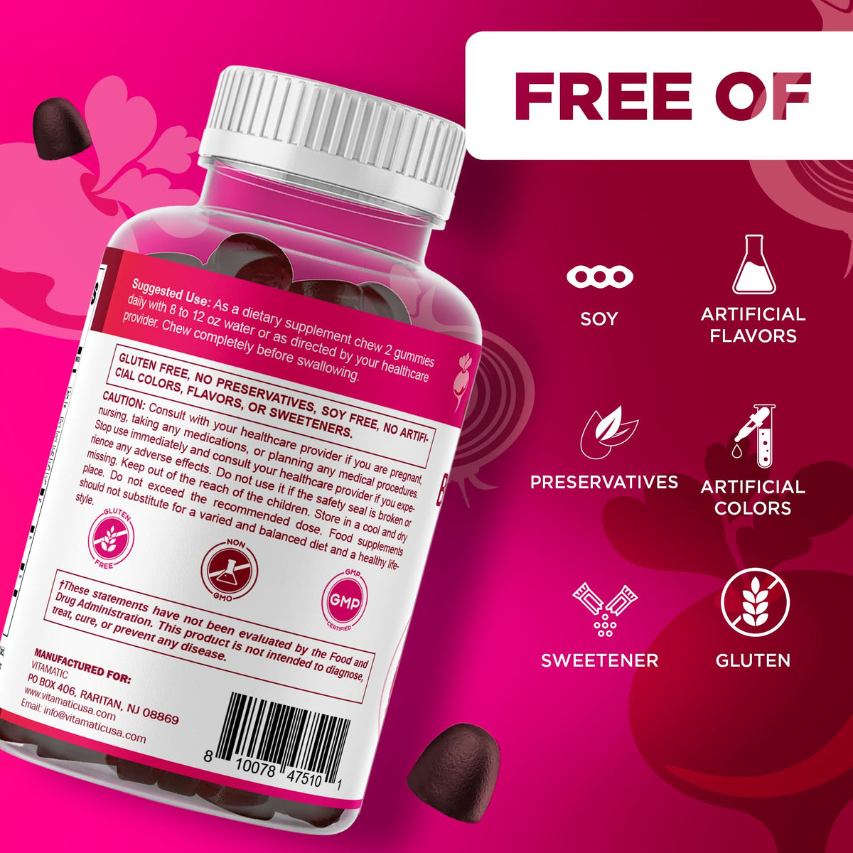 Packaging des gummies de betterave Vitamatic avec informations nutritionnelles