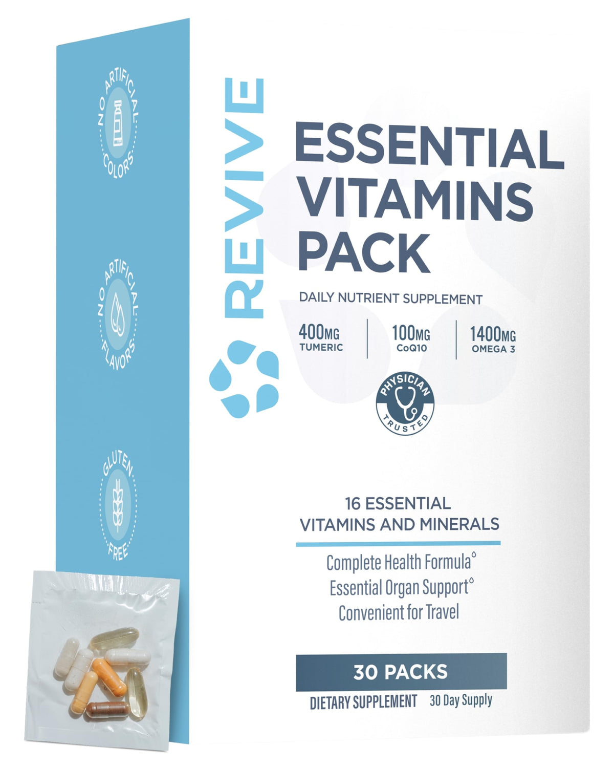 Packs Essentiels de Vitamines Revive vue de face avec sachets