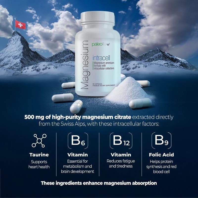 Paleolf Magnésium INTRACELL 500 mg - Capsules sur un fond clair