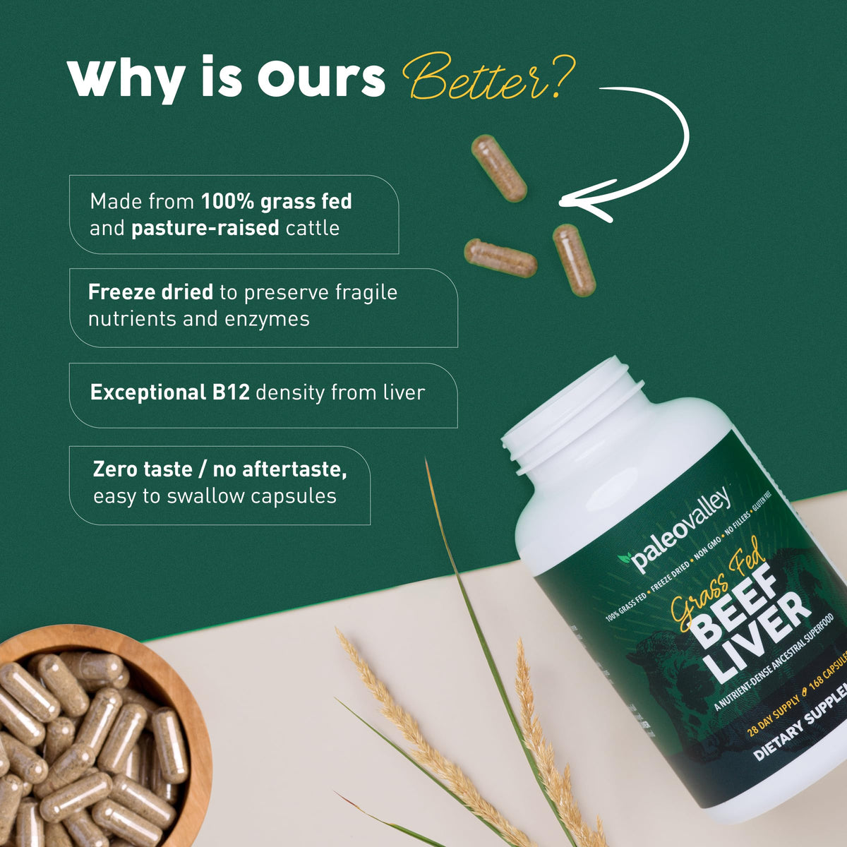 Paleovalley Capsules de Foie de Boeuf 100% Élevé à l'Herbe, capsules en gros plan