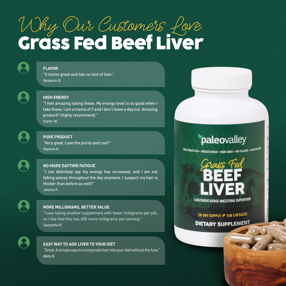 Paleovalley Capsules de Foie de Boeuf 100% Élevé à l'Herbe, prise avec de l'eau