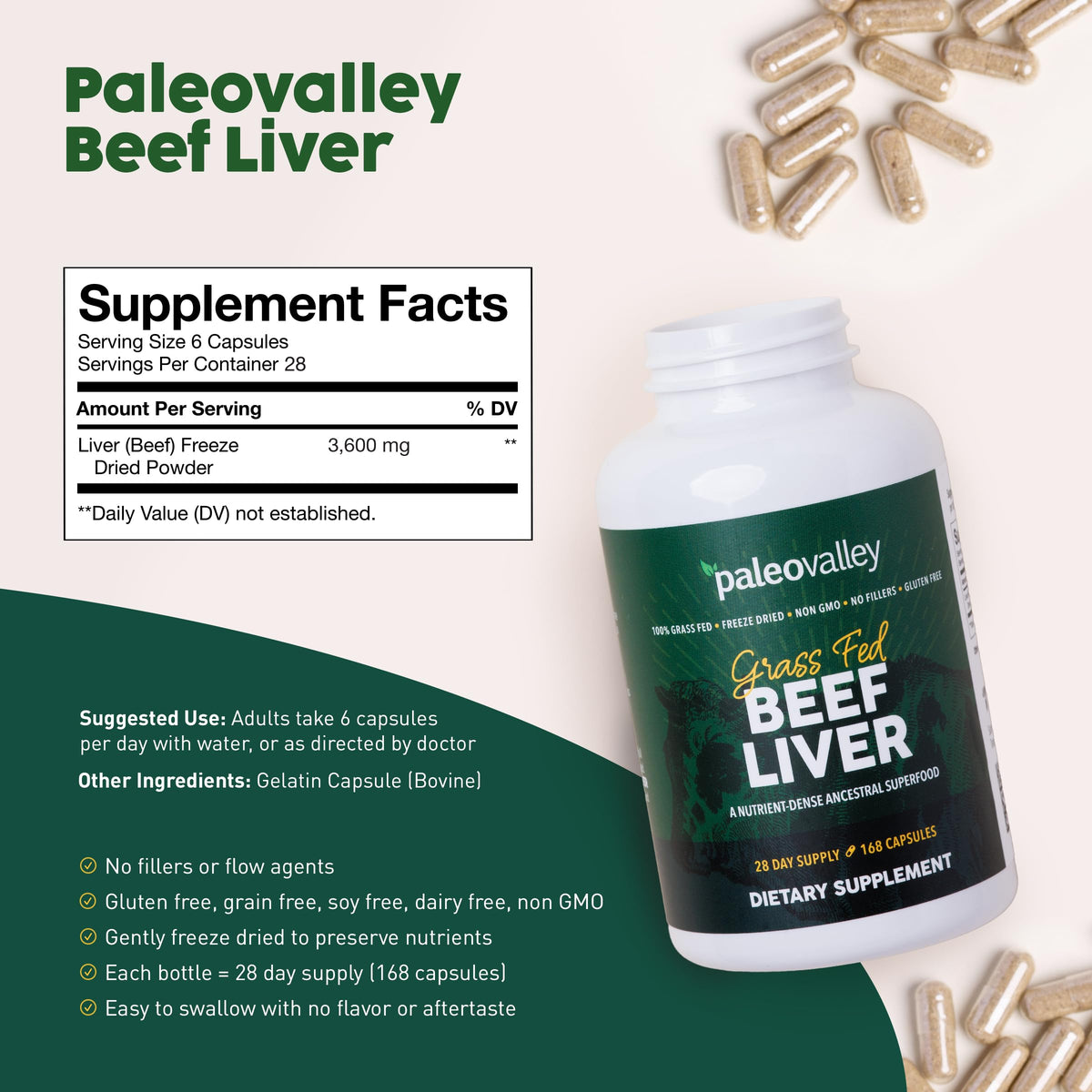 Paleovalley Capsules de Foie de Boeuf 100% Élevé à l'Herbe, vue arrière