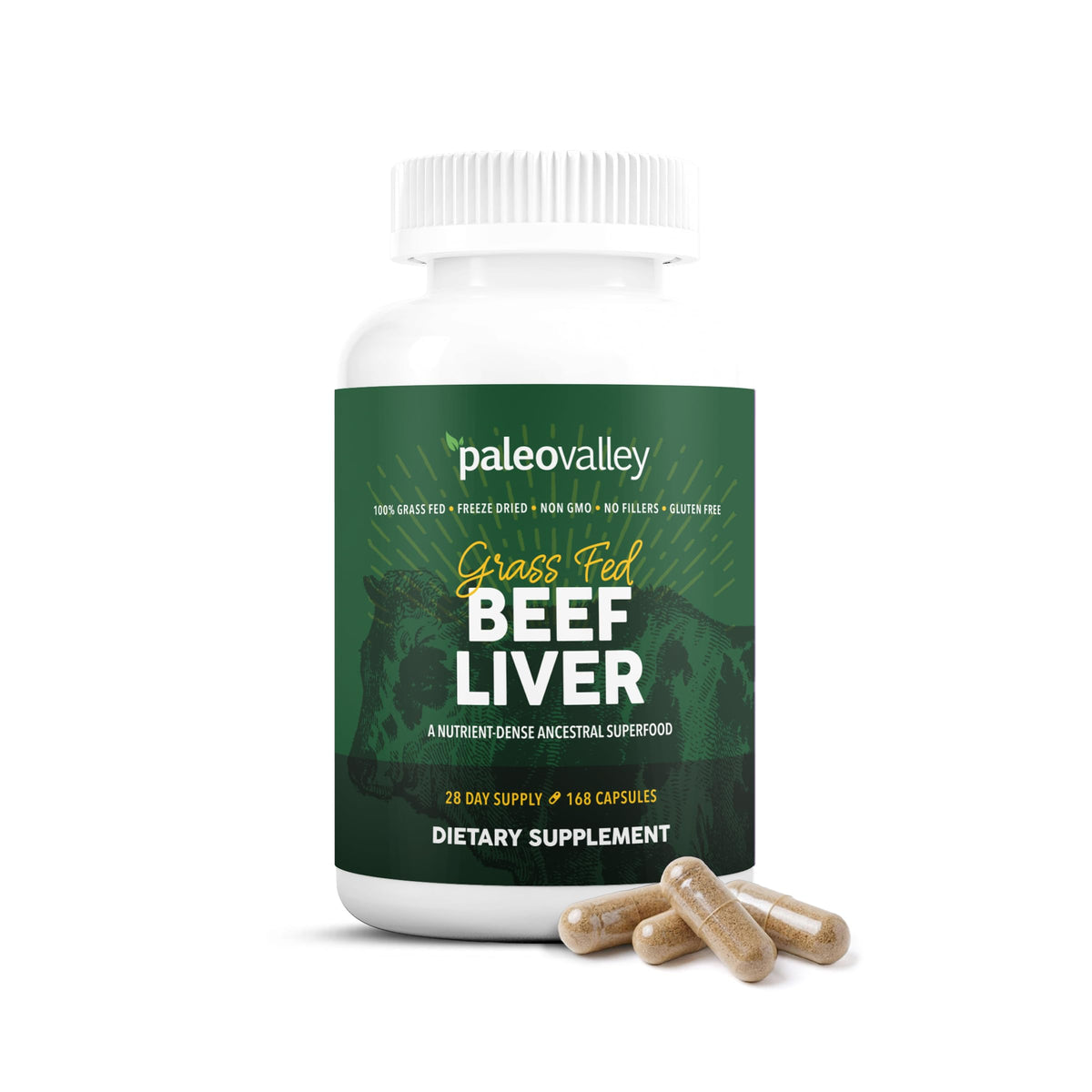 Paleovalley Capsules de Foie de Boeuf 100% Élevé à l'Herbe, vue avant