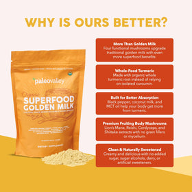Paleovalley Golden Milk Superfood 440g avec ingrédients sur la table