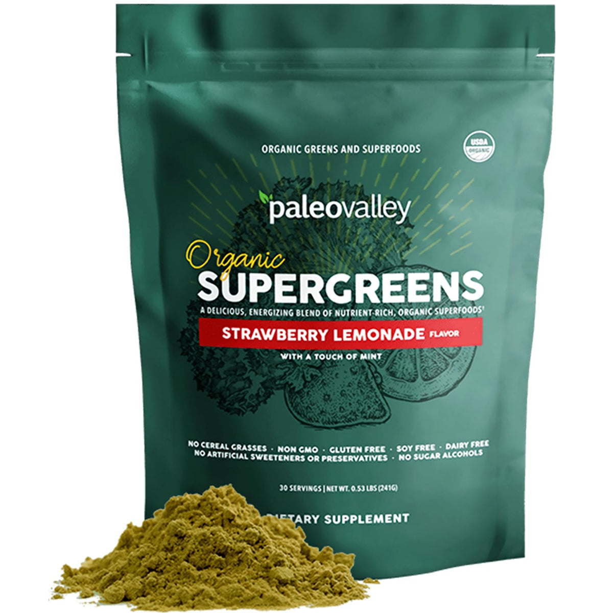 Paleovalley Poudre Supergreens Bio 259g avec emballage avant