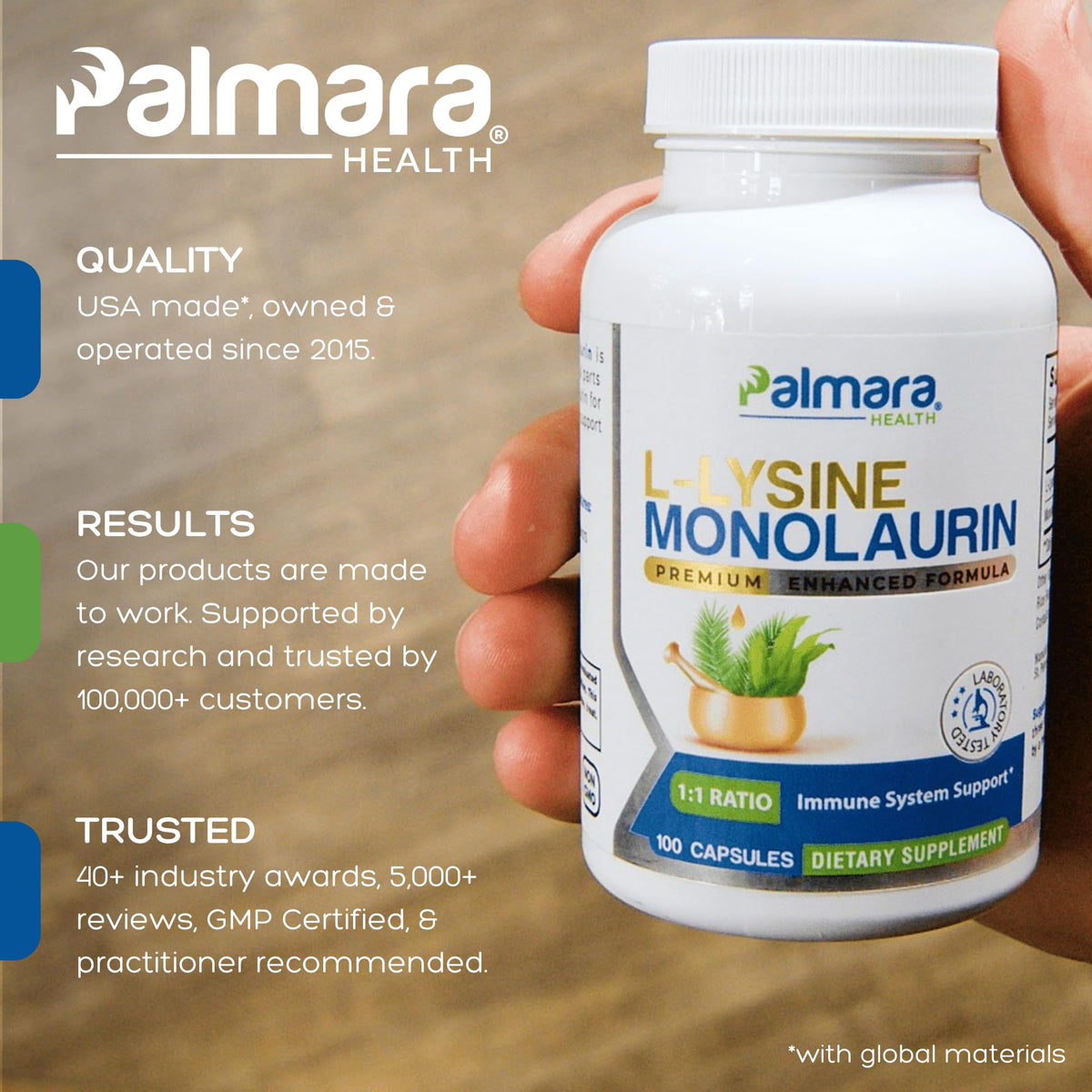 Palmara Health L-Lysine et Monolaurin, emballage avec informations