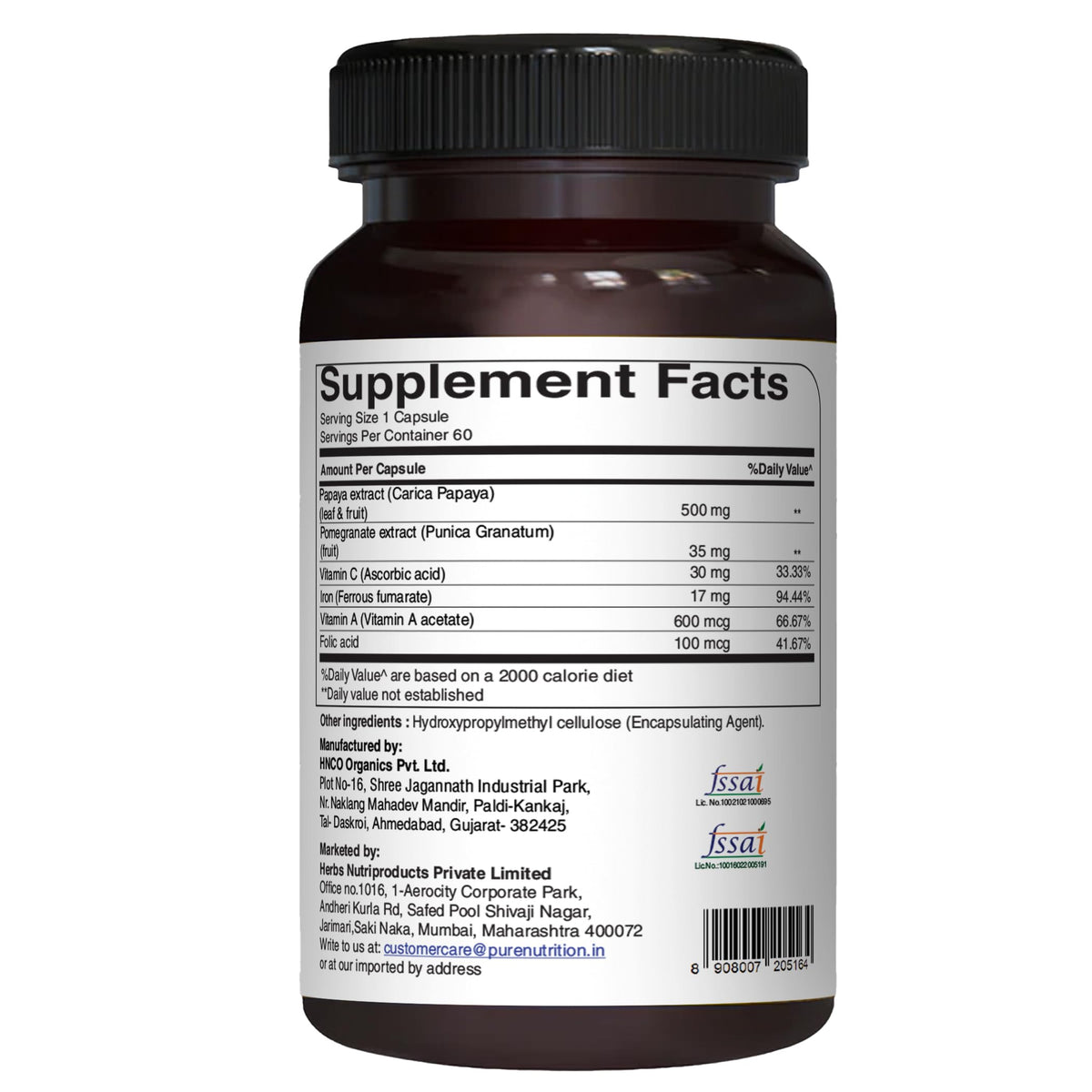 Papaya Complete, flacon de 60 capsules avec étiquette visible