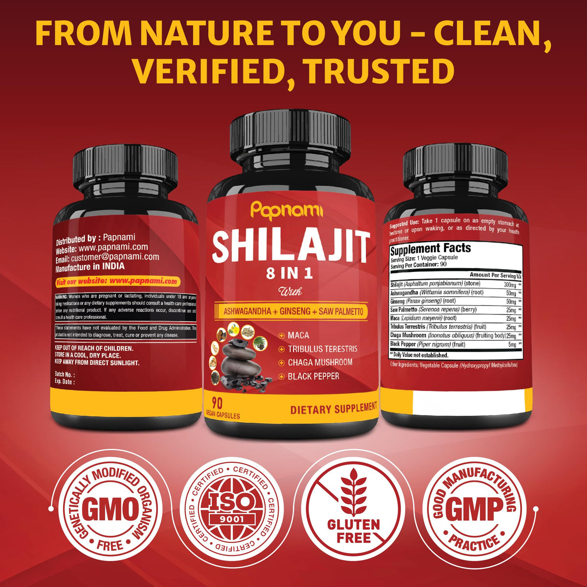 Papnami Capsules Shilajit Himalayen à côté d'un verre d'eau