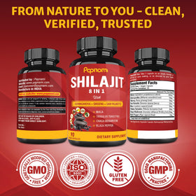 Papnami Capsules Shilajit Himalayen à côté d'un verre d'eau