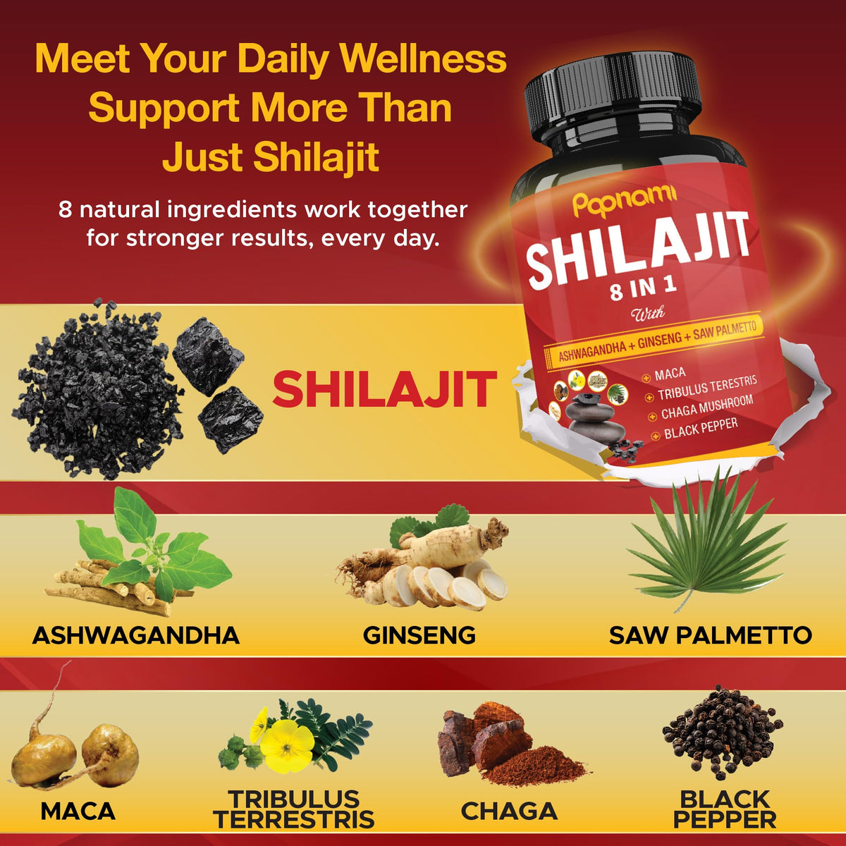 Papnami Capsules Shilajit Himalayen sur une table en bois