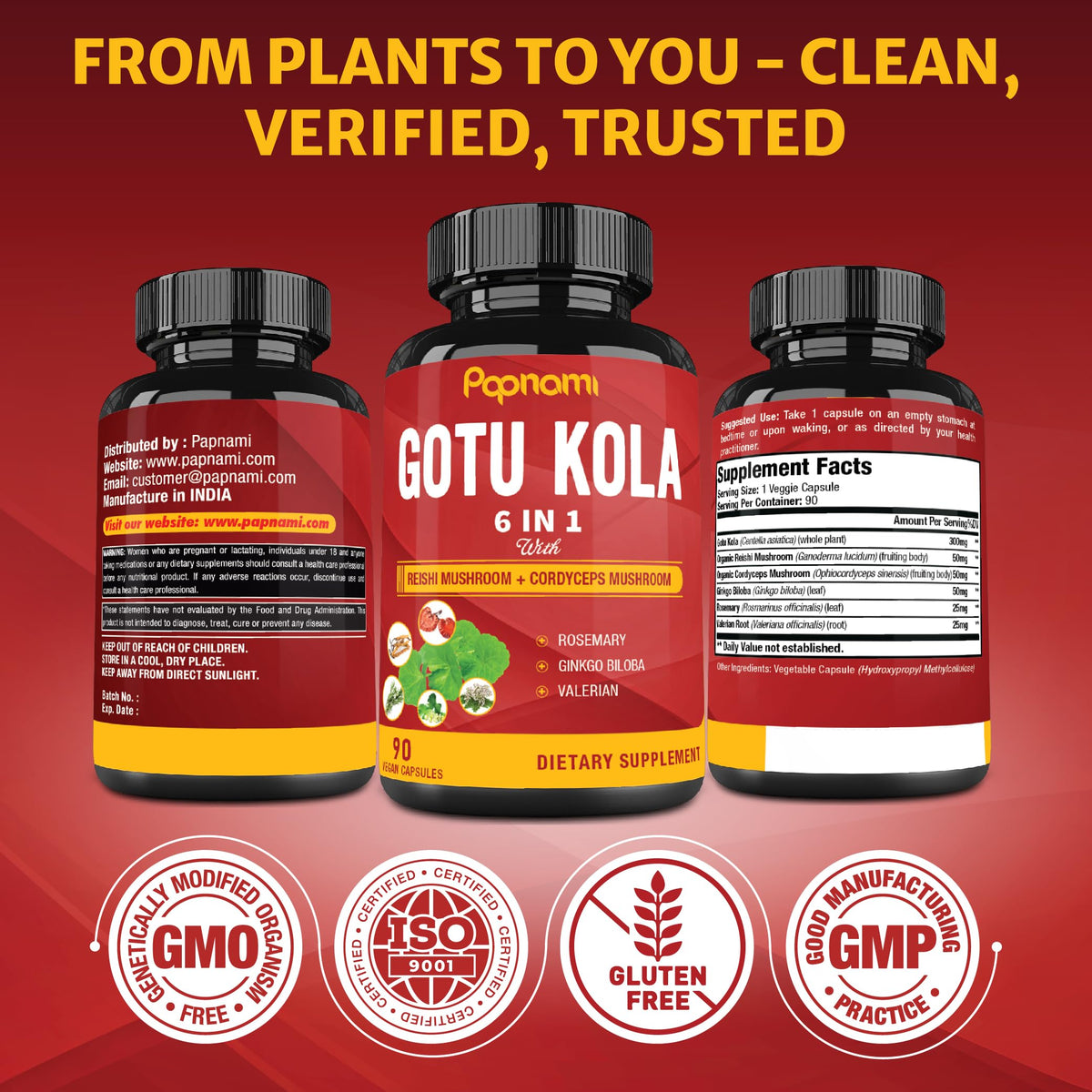 Papnami Gotu Kola capsules on a wooden table