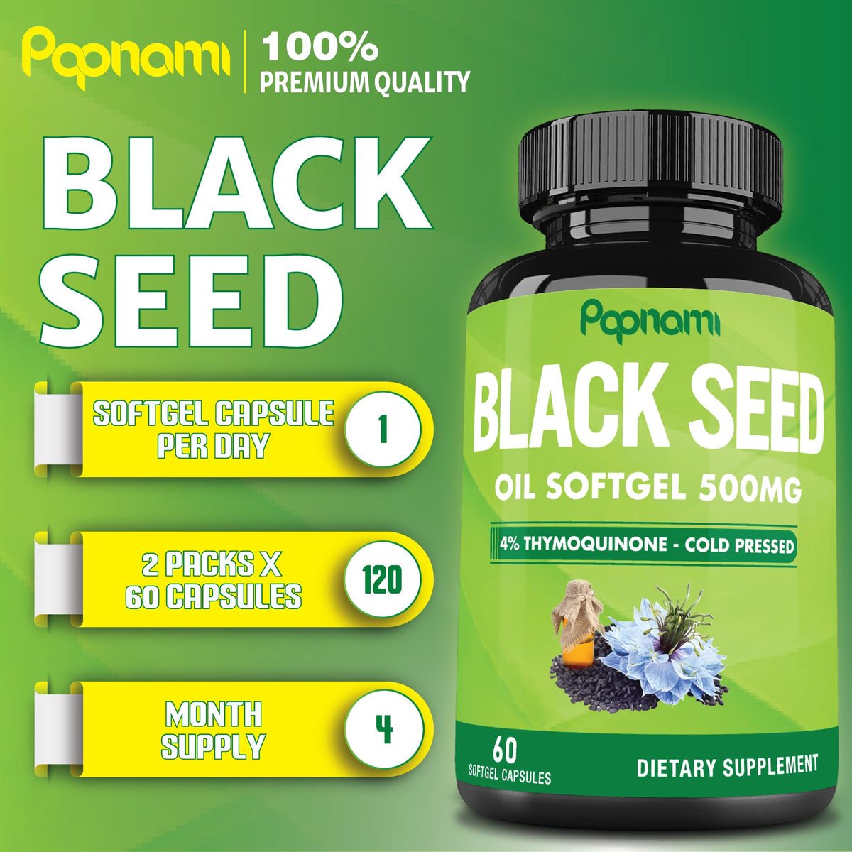 Papnami Huile de Graines Noires capsules souples ouvertes montrant la capsule
