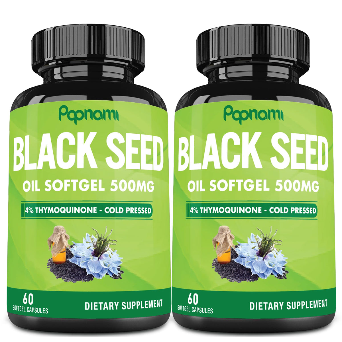 Papnami Huile de Graines Noires capsules souples vue avant avec emballage