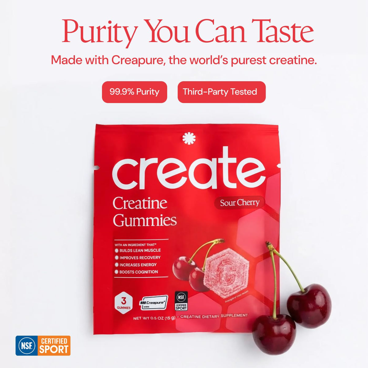 Paquet de gummies de créatine Create ouvert avec gummies visibles
