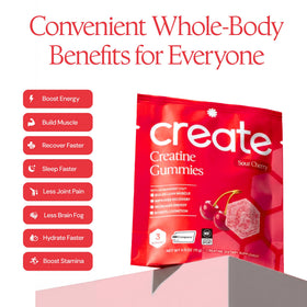 Paquet de gummies de créatine Create sur fond blanc