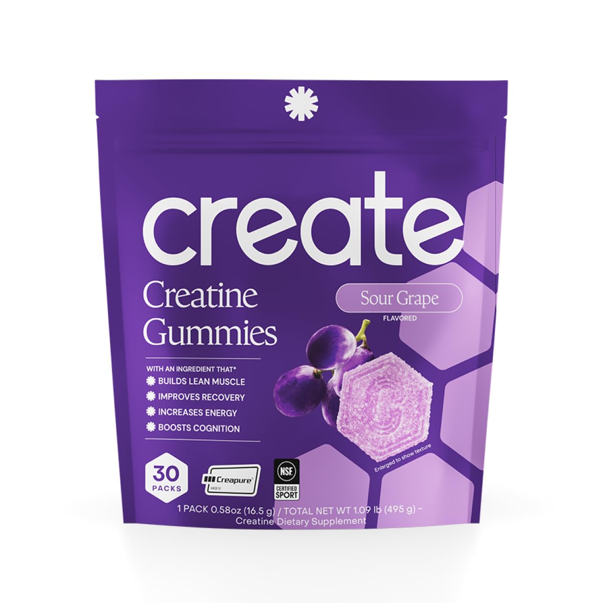 Paquet de gummies de créatine monohydrate Create, saveur raisin acidulé