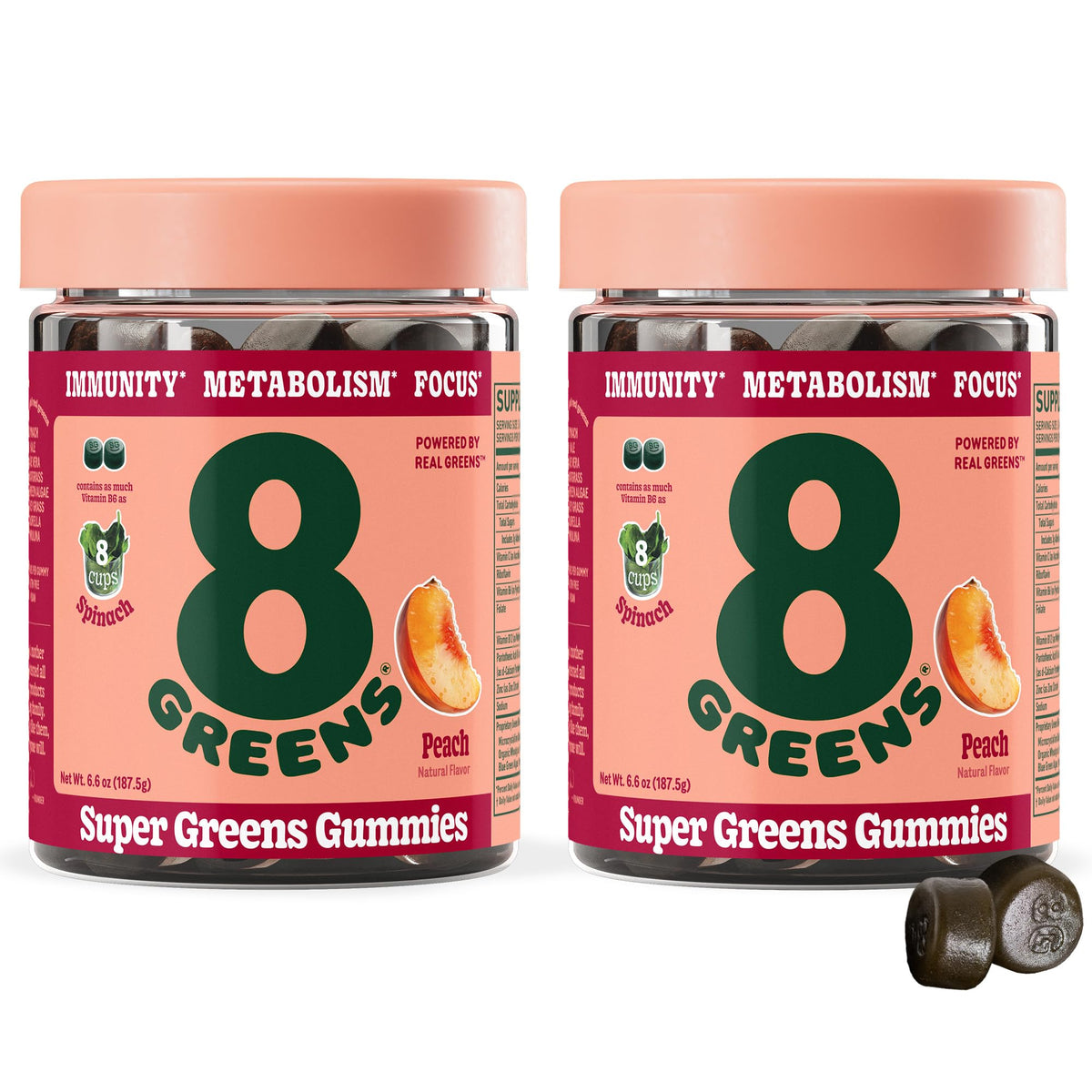 Paquet de gummies de supergreens 8G au goût pêche, vue de face.