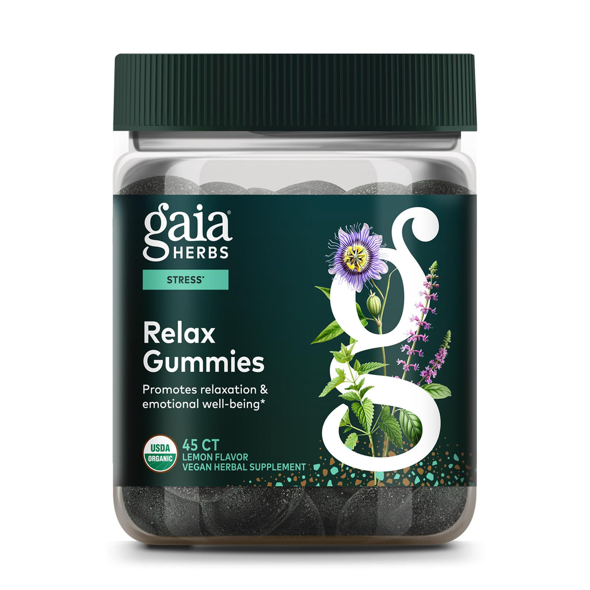 Paquet de gummies Gaia Herbs 45 unités avec fruits en arrière-plan