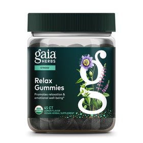 Paquet de gummies Gaia Herbs 45 unités avec fruits en arrière-plan