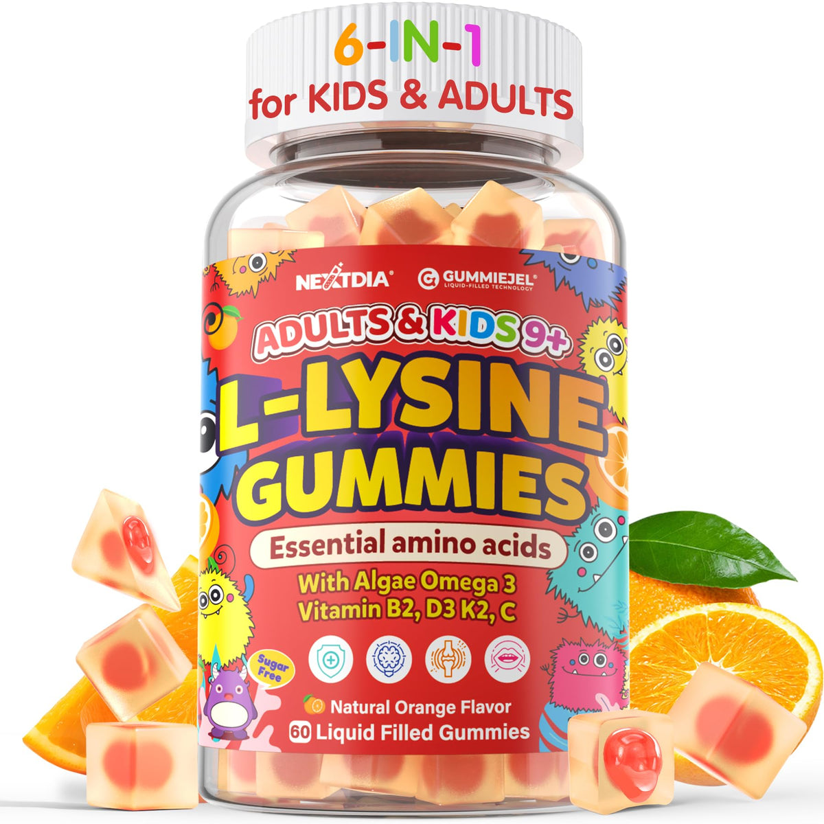 Paquet de gummies L-Lysine 500mg Nextdia avec Omega 3