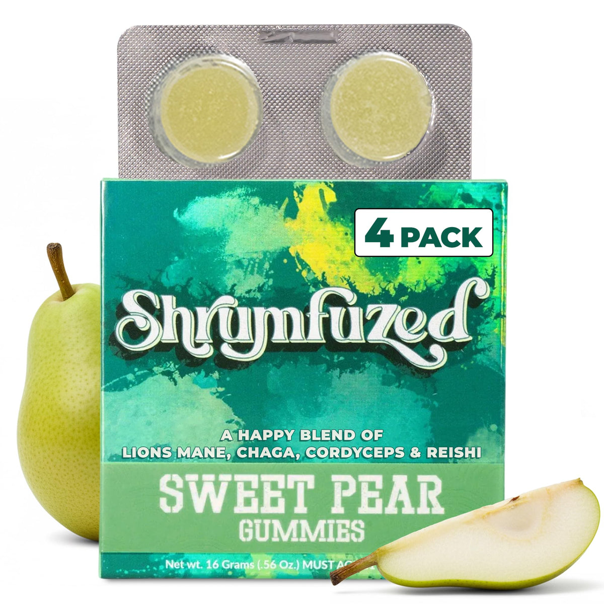 Paquet de gummies Shrumfuzed saveur poire, contenant 4 unités