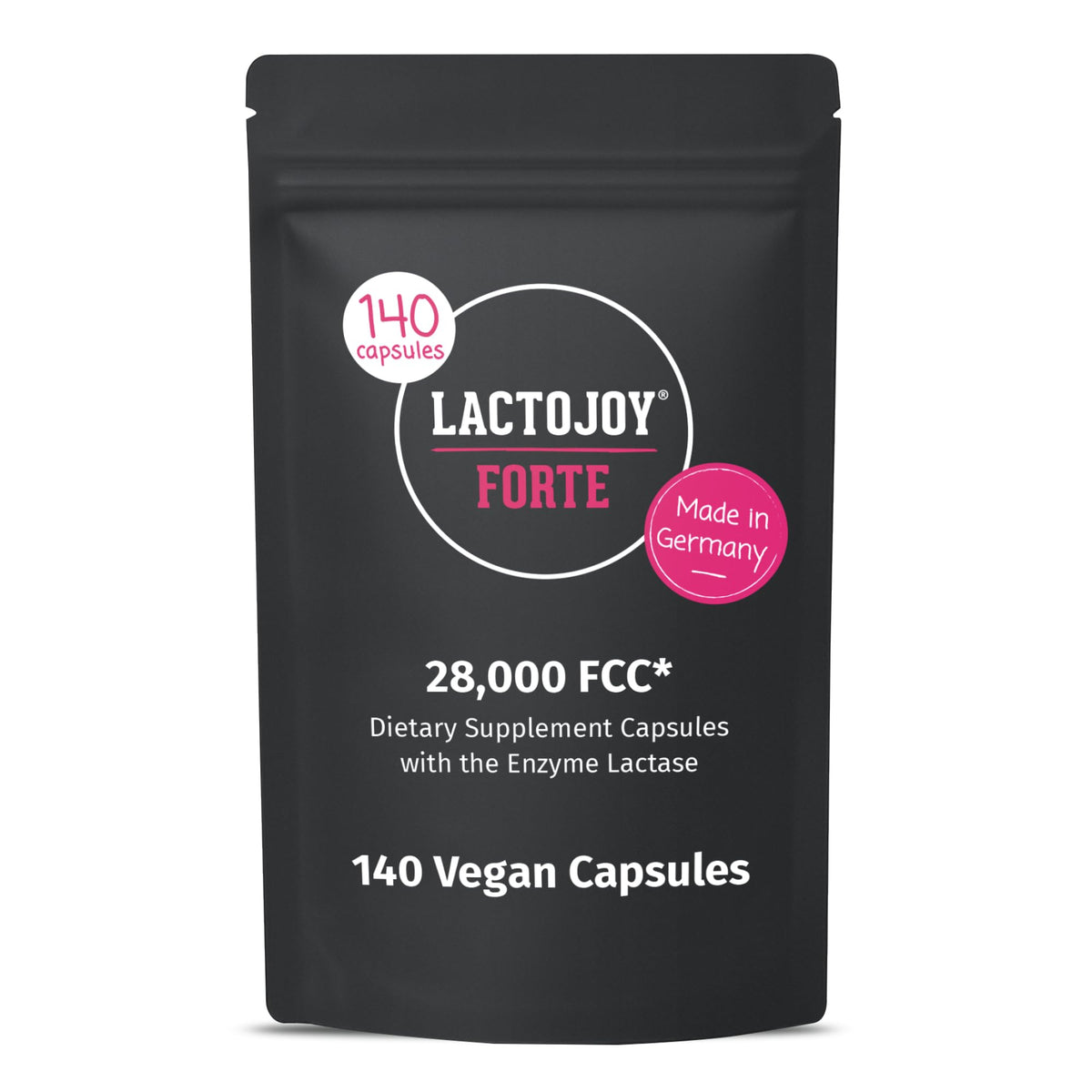 Paquet de LactoJoy Forte 28 000 FCC avec 140 capsules vegan