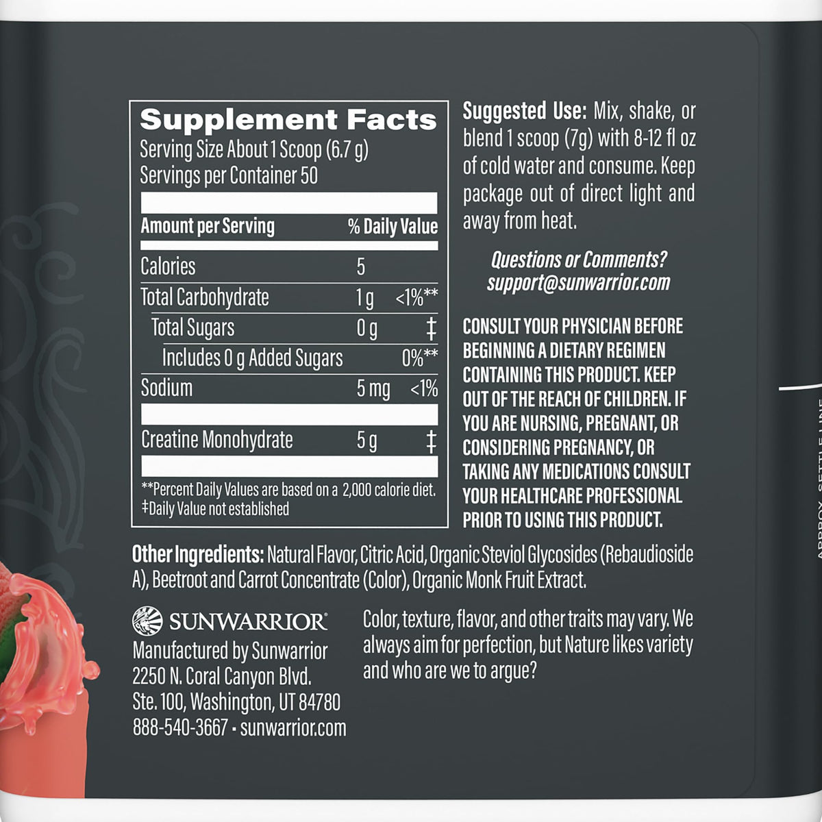 Paquet de Sunwarrior Créatine Monohydrate 422g vue de dos
