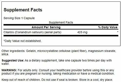 Paquet de Swanson Cilantro 425 mg avec informations nutritionnelles